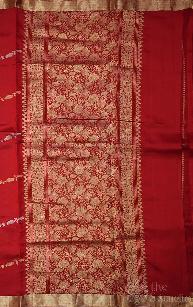 Red lightweight katan banarasi silk saree with floral  zari creepers design