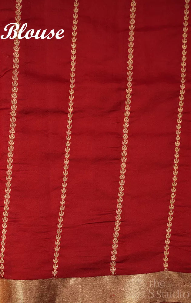Red lightweight katan banarasi silk saree with floral  zari creepers design