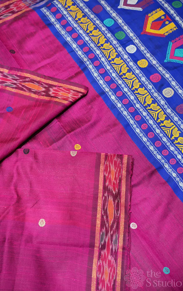 Magenta raw silk saree with dolabedi temple design pallu