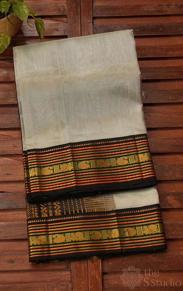 Light elachi green with black korvai border silk cotton saree
