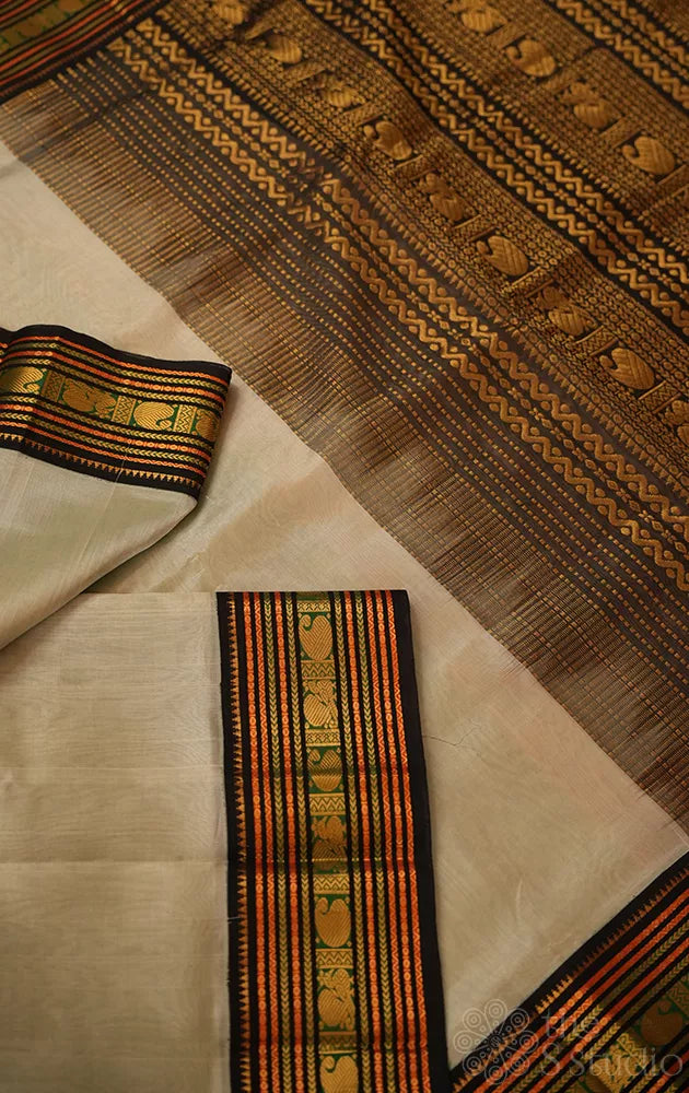 Light elachi green with black korvai border silk cotton saree