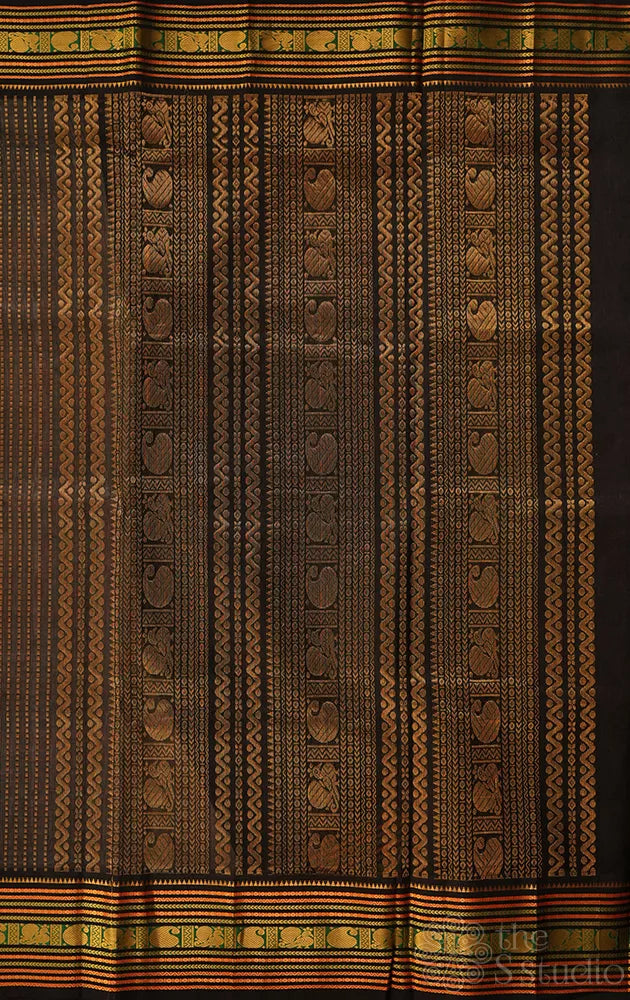 Light elachi green with black korvai border silk cotton saree