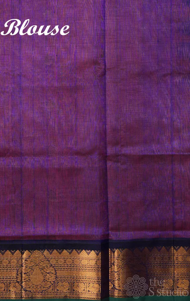 Peach silk cotton saree with korvai navy blue border