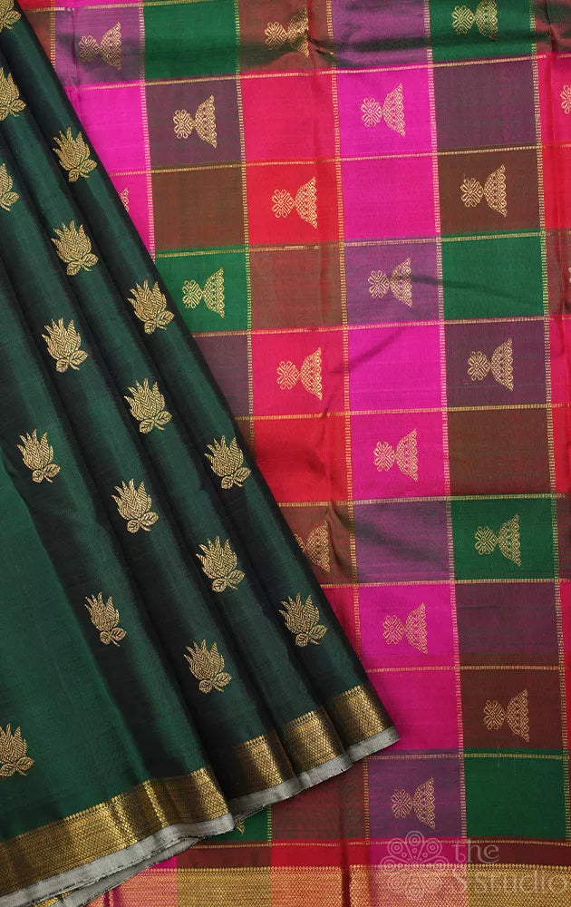 Green lotus butta kanchi silk saree with paalum pazhamum checked pallu and blouse