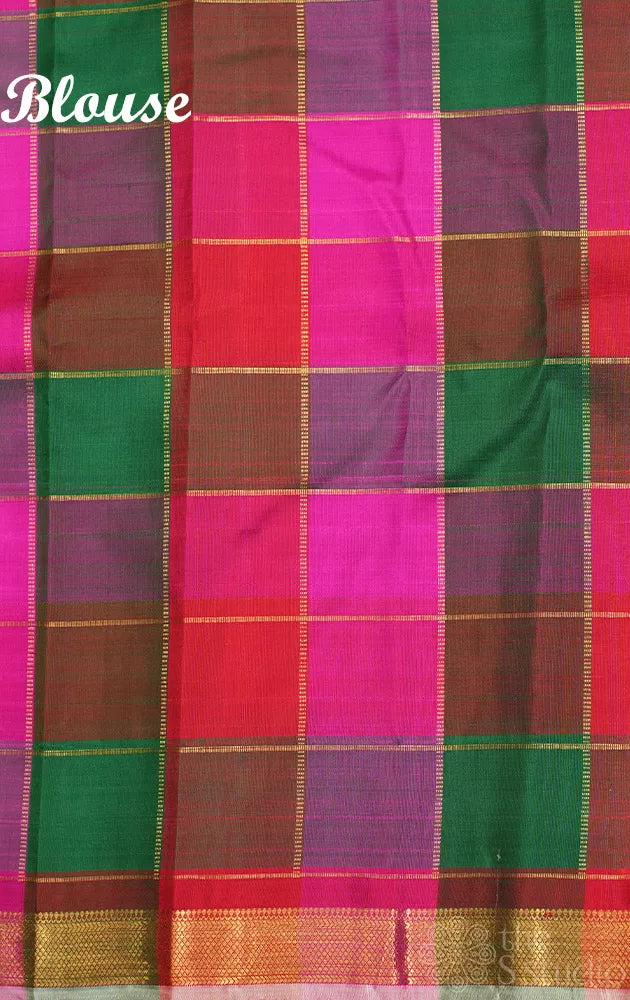 Green lotus butta kanchi silk saree with paalum pazhamum checked pallu and blouse