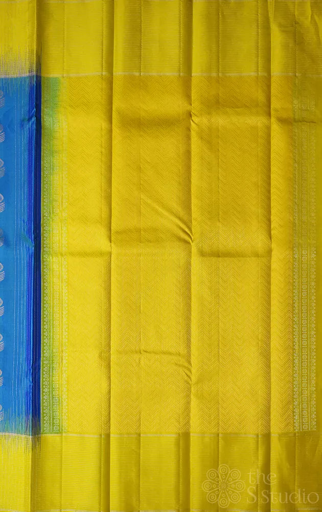 Peacock blue soft silk saree with apple green border