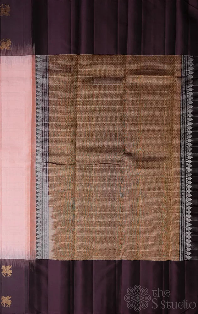 Peach light weight silk saree with brown border