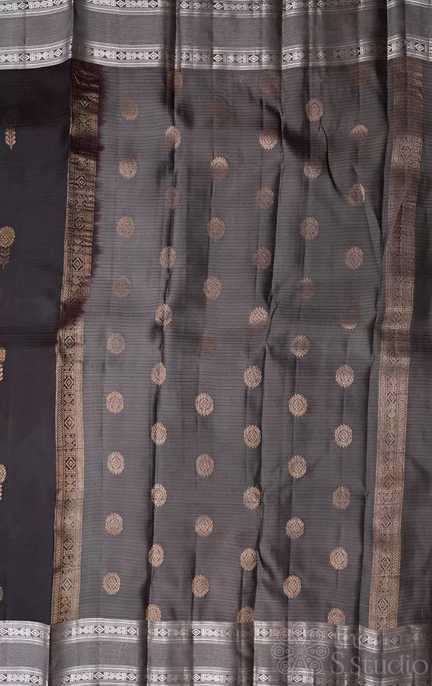 Dark coffee brown soft silk saree with grey rettaipet border