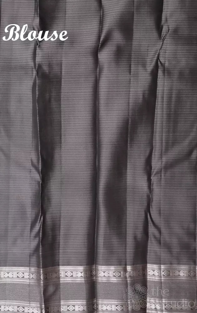 Dark coffee brown soft silk saree with grey rettaipet border