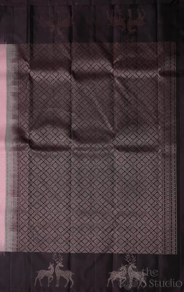 Peach light weight silk saree with brown deer butta border