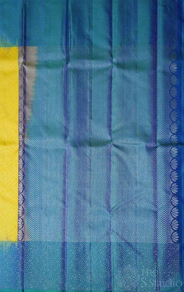 Neon green soft silk saree with peacock blue border