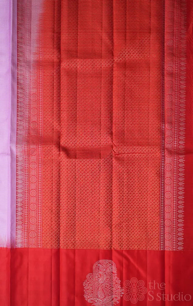 Lavender zari checked soft silk saree with red border