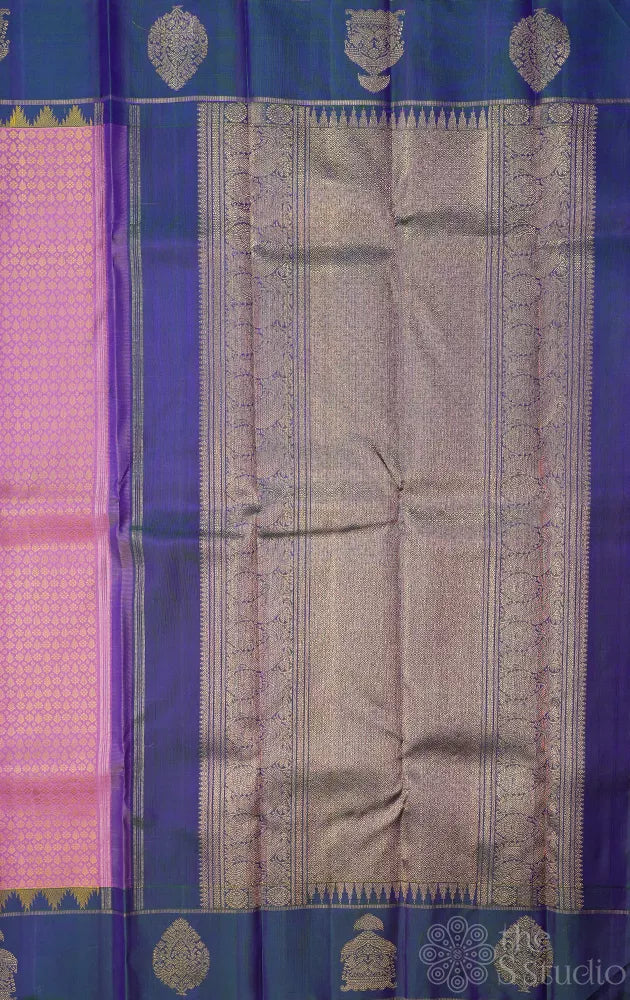 Mauve colour thread woven kanchi silk saree with peacock blue butta woven border