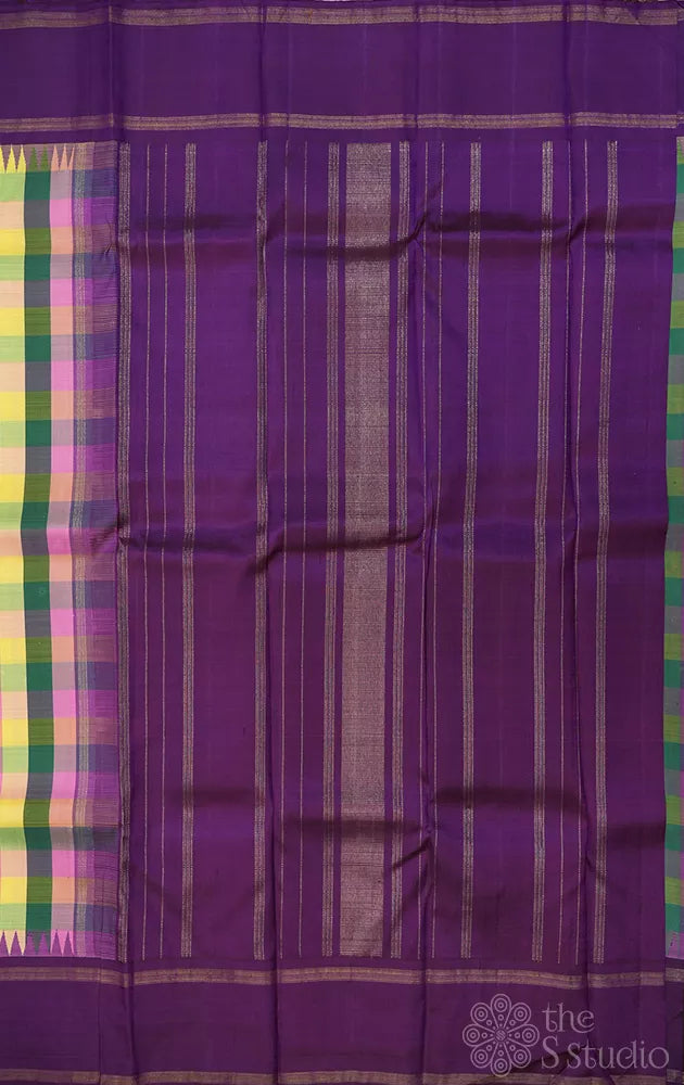 Paalum pazhamum checked kanchi silk saree with purple korvai border