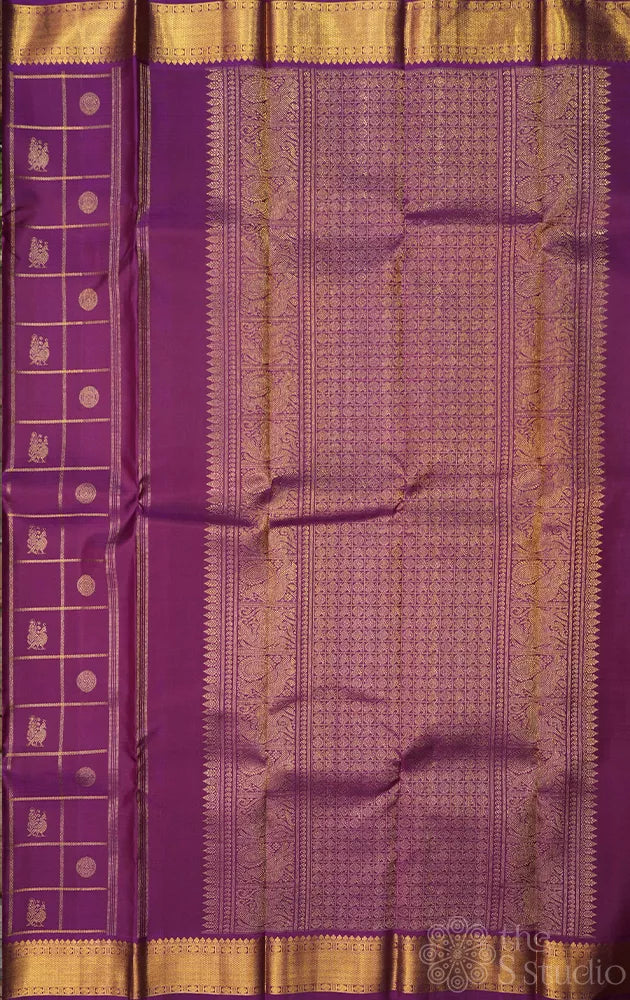 Purple zari checked kanchi silk saree with self zari border