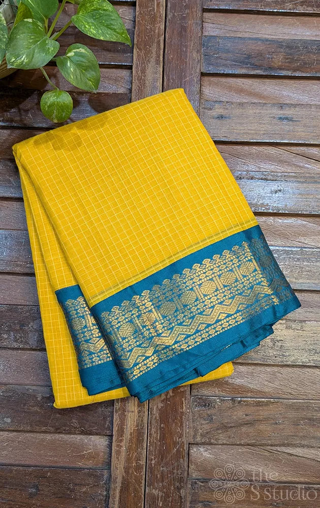 Yellow gadwal cotton saree with checks and  teal blue border