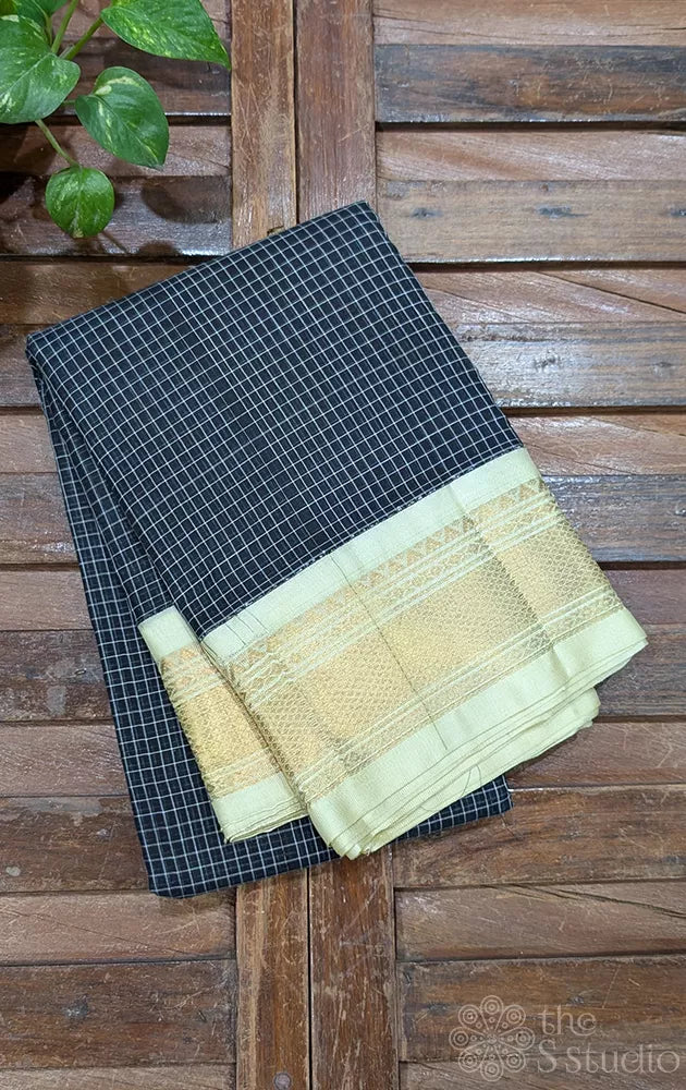 Black gadwal cotton saree with checks and off white border