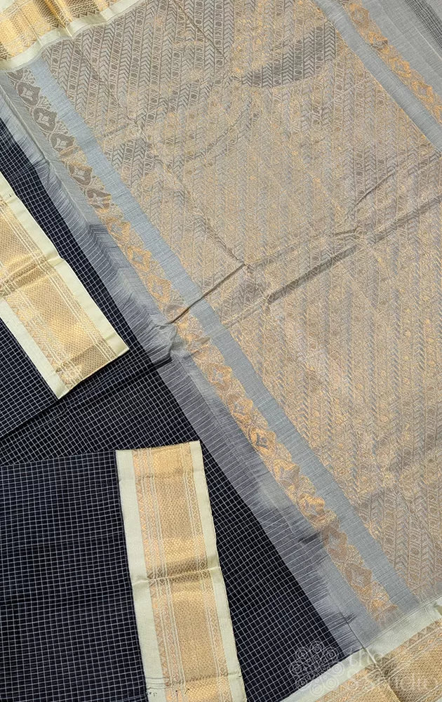 Black gadwal cotton saree with checks and off white border