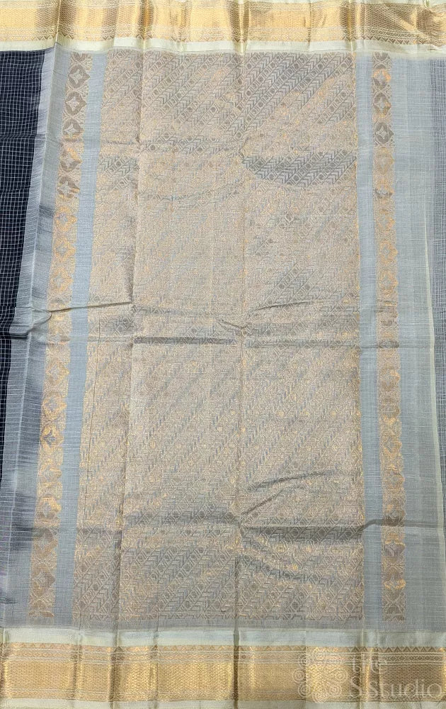 Black gadwal cotton saree with checks and off white border