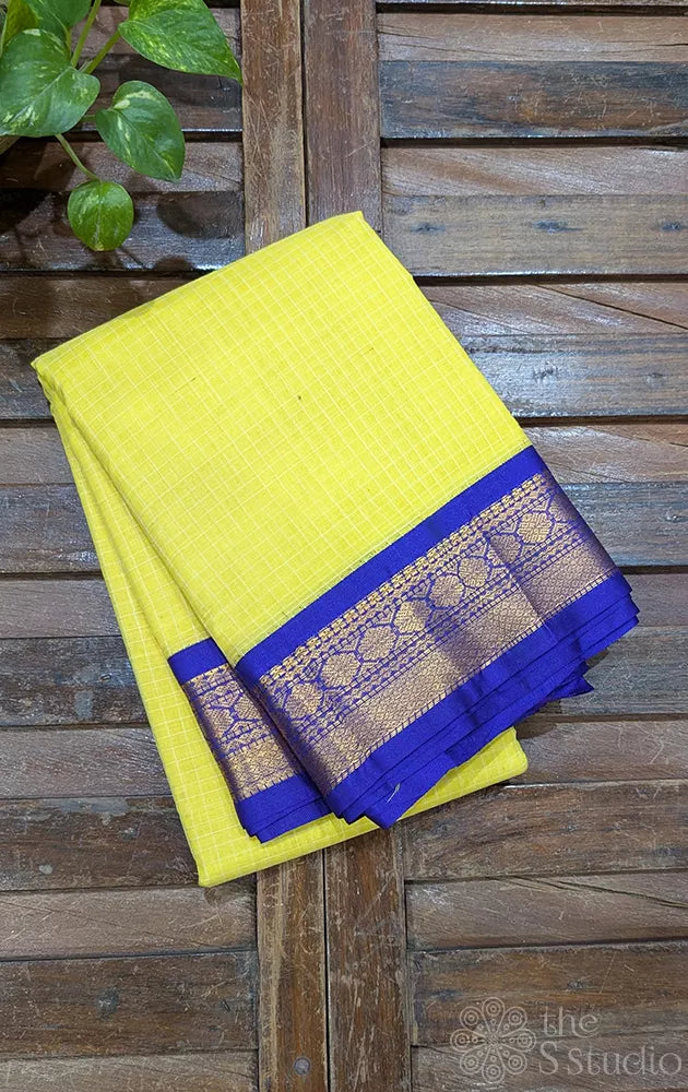 Lemon yellow gadwal cotton saree with checks and violet border
