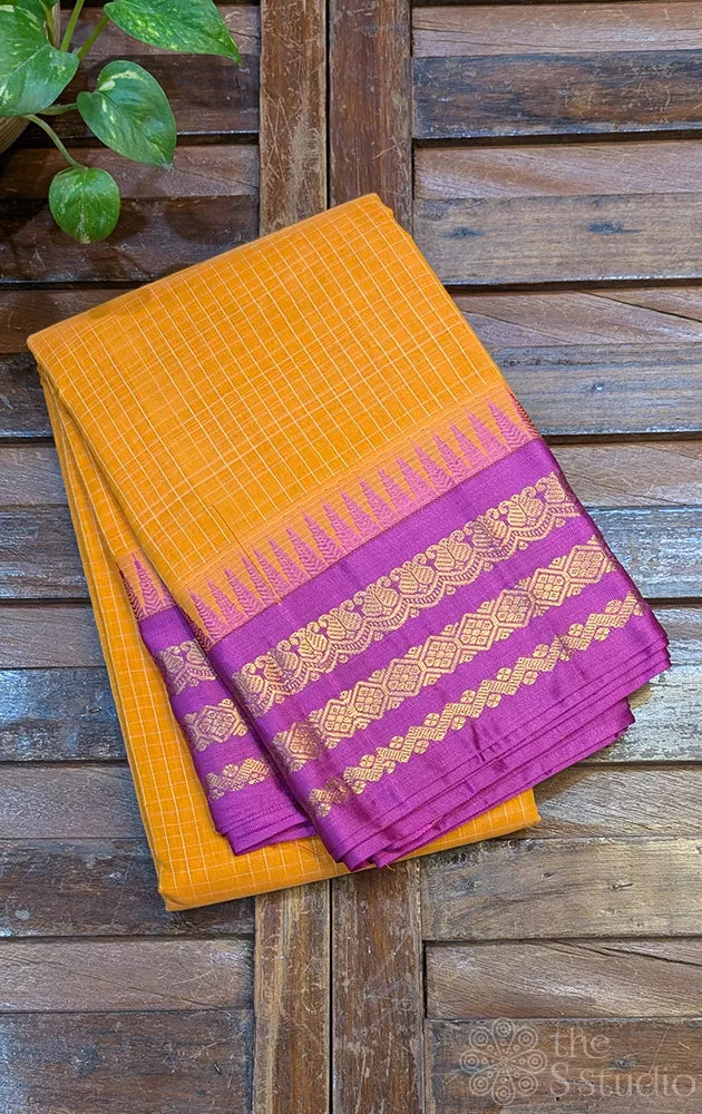 Light orange checked gadwal cotton saree with purple varisaipet border
