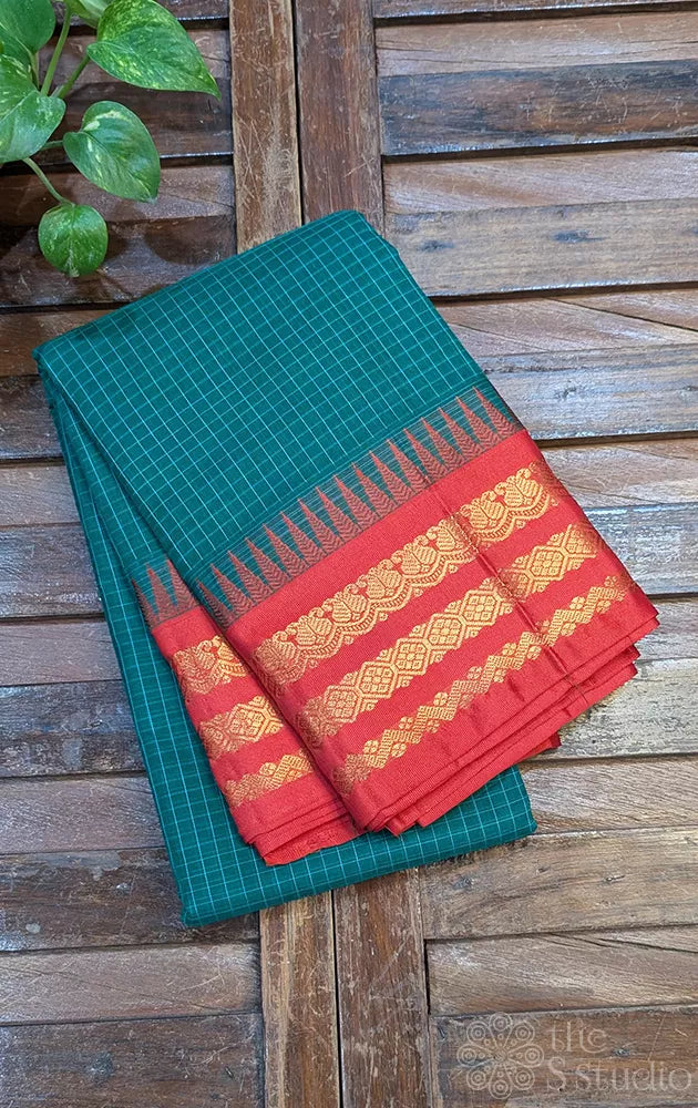 Teal green checked gadwal cotton saree with red varisaipet border