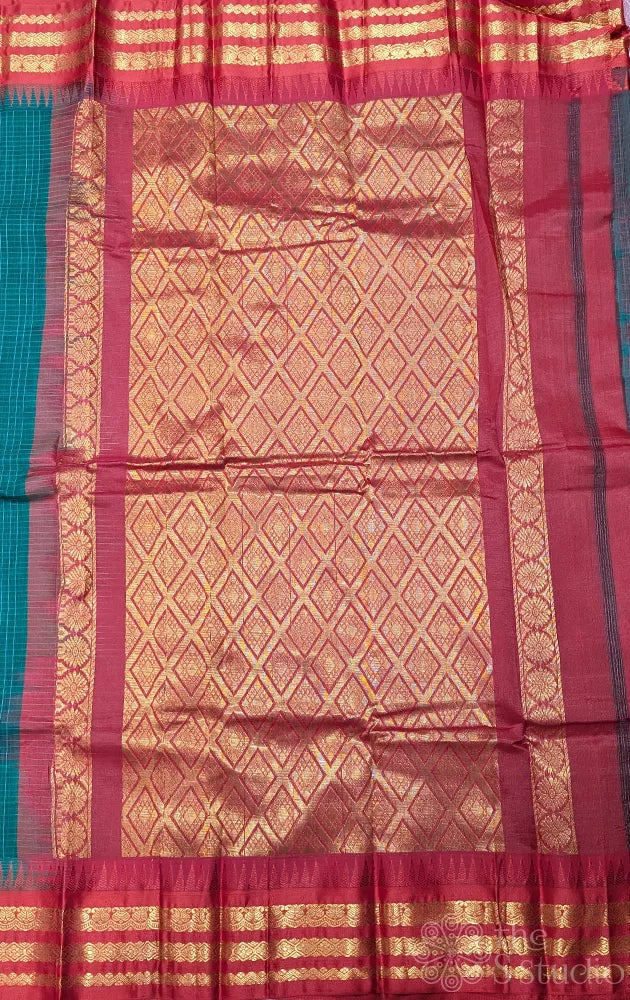 Teal green checked gadwal cotton saree with red varisaipet border