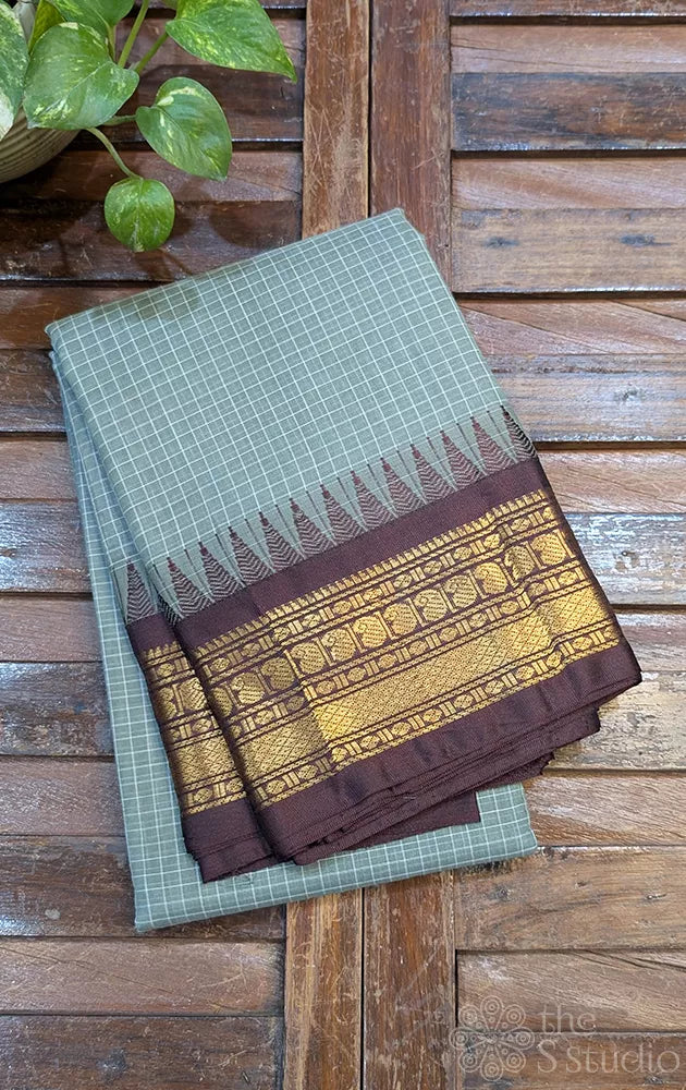 Grey checked gadwal cotton saree with brown temple border
