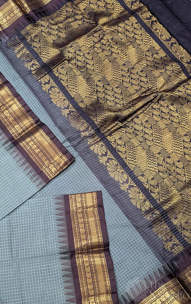 Grey checked gadwal cotton saree with brown temple border