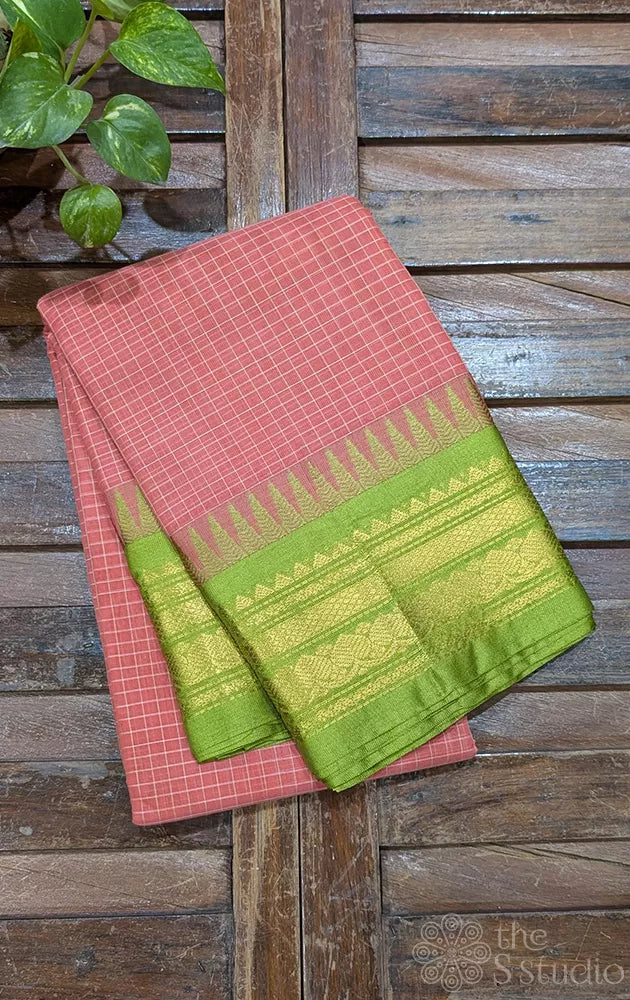 Peach gadwal cotton saree with light green temple border and pallu