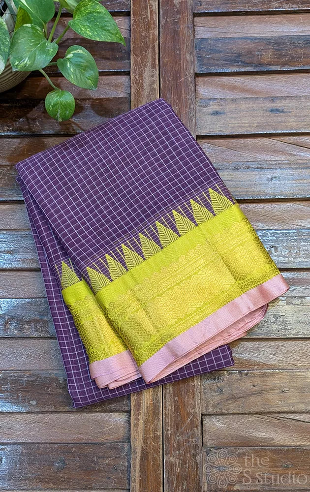 Dark purple checked gadwal cotton saree with light green temple border