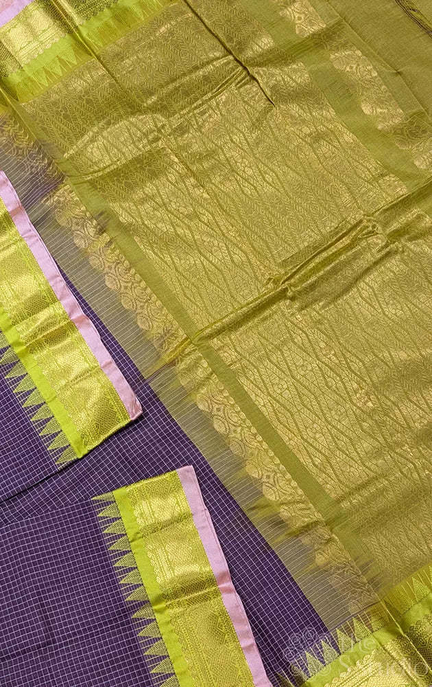 Dark purple checked gadwal cotton saree with light green temple border