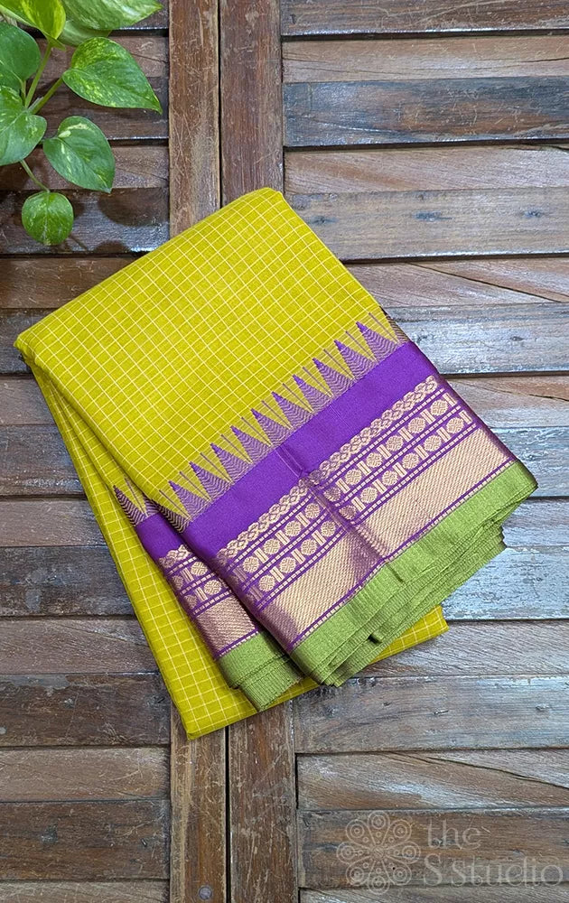Sampanga green colour checked gadwal cotton saree with purple temple border
