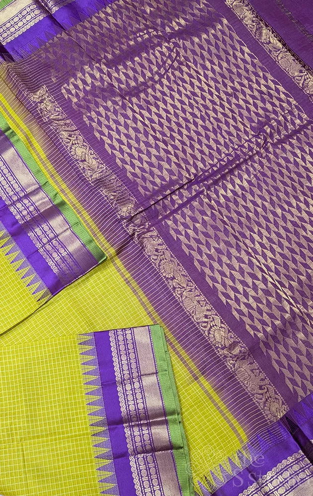 Sampanga green colour checked gadwal cotton saree with purple temple border
