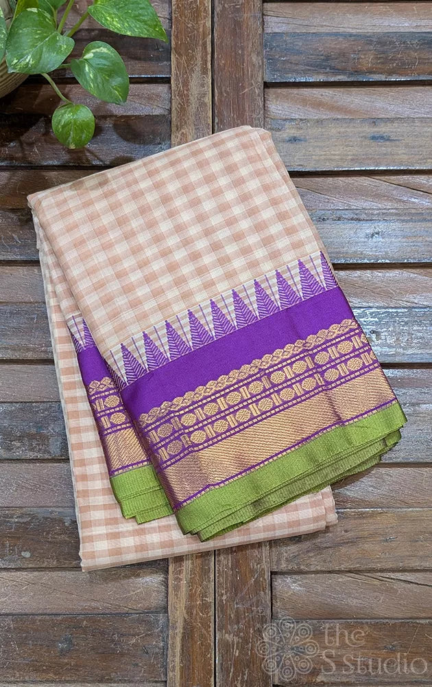 Light brown checked gadwal cotton saree with purple temple border
