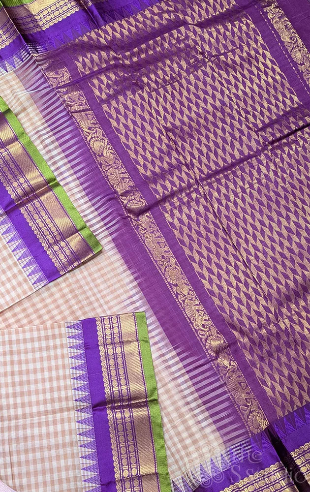 Light brown checked gadwal cotton saree with purple temple border