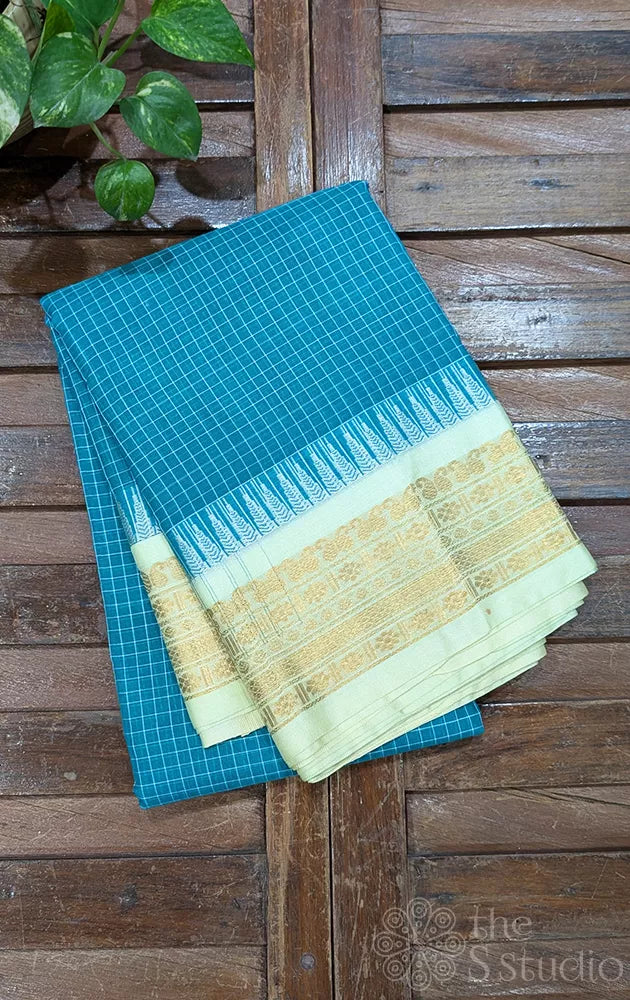 Teal blue gadwal cotton saree with checks and off white border