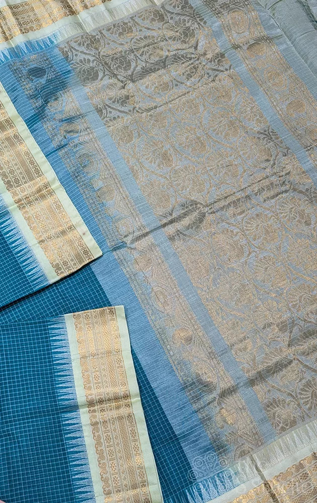 Teal blue gadwal cotton saree with checks and off white border