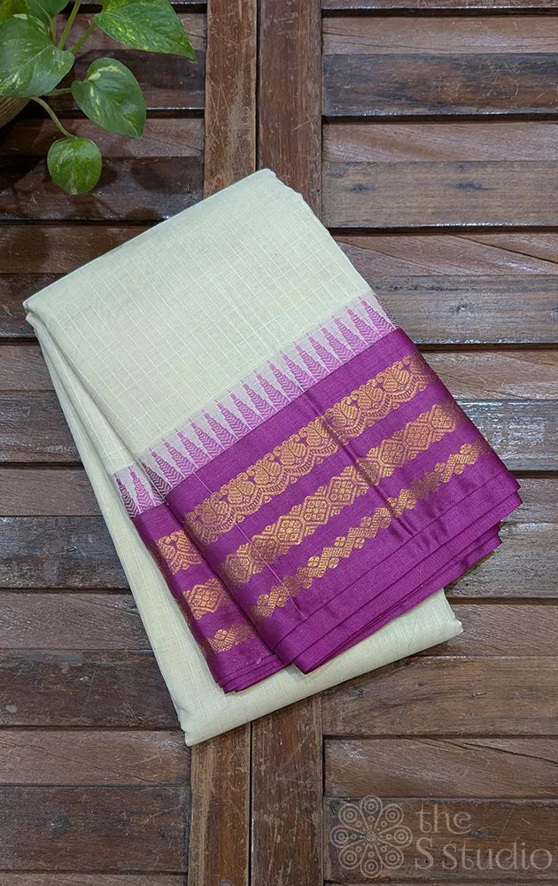 Off white gadwal cotton saree with checks and purple temple border