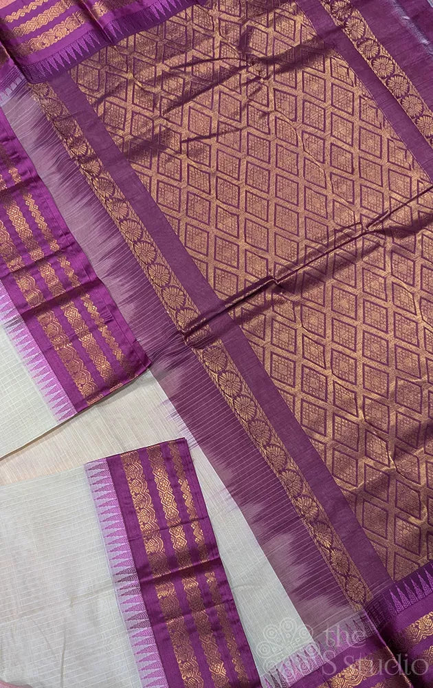 Off white gadwal cotton saree with checks and purple temple border