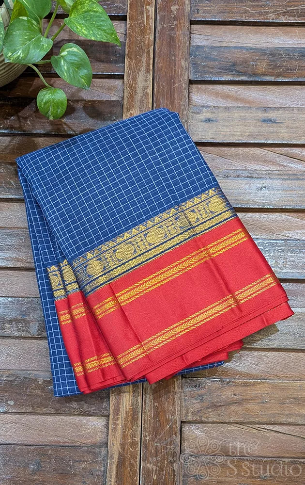 Navy blue gadwal cotton saree with checks and red border