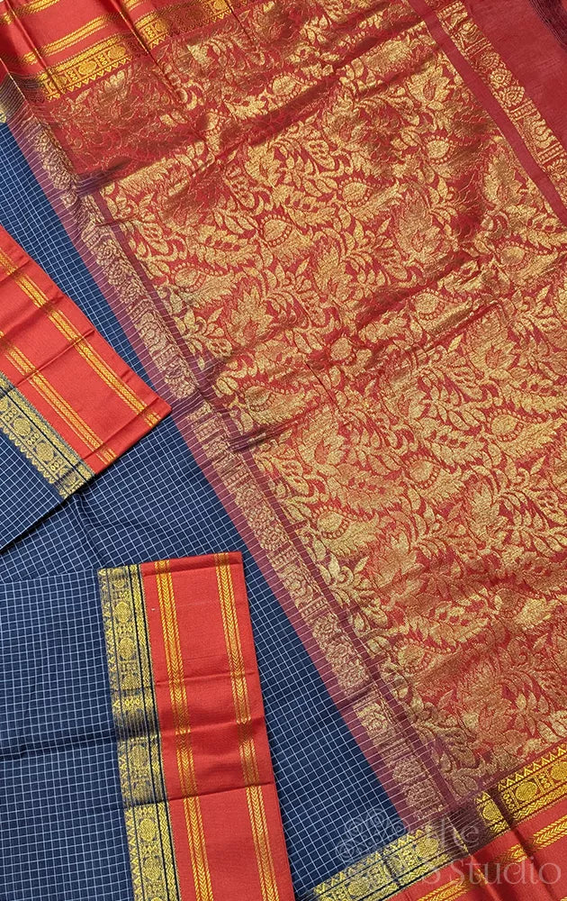 Navy blue gadwal cotton saree with checks and red border