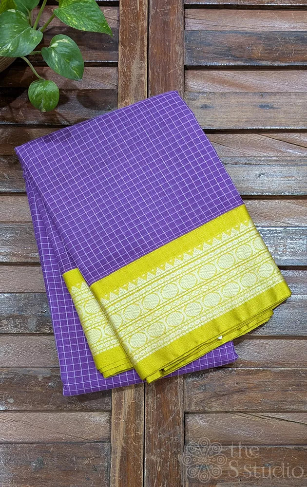 Lavender gadwal cotton saree with checks and light green border