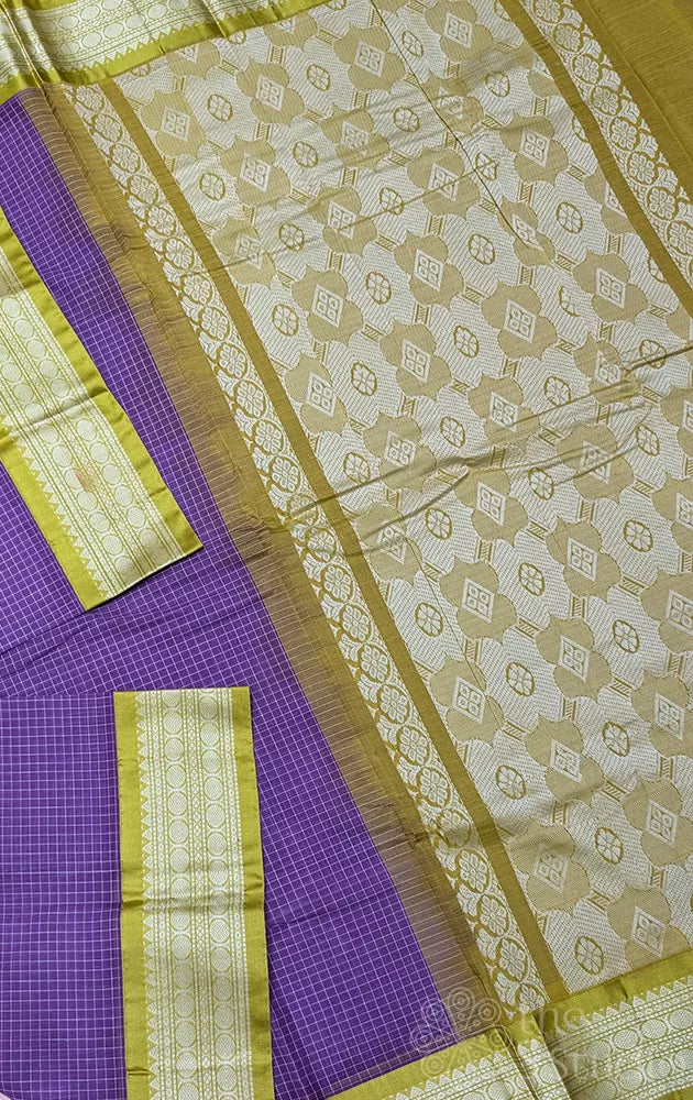 Lavender gadwal cotton saree with checks and light green border