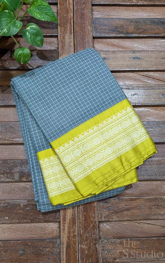 Grey checked gadwal cotton saree with light green border