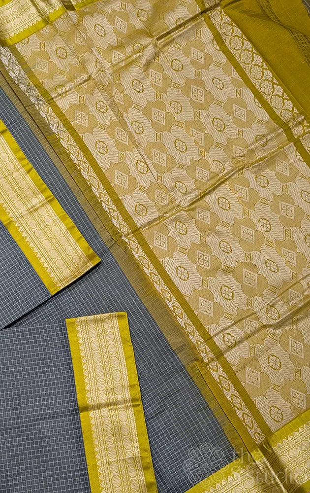 Grey checked gadwal cotton saree with light green border