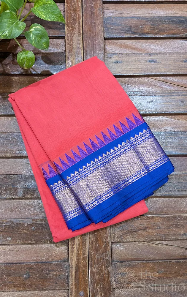 Peacish orange gadwal cotton saree with blue temple border