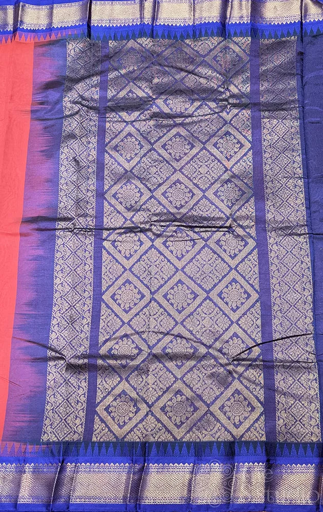 Peacish orange gadwal cotton saree with blue temple border