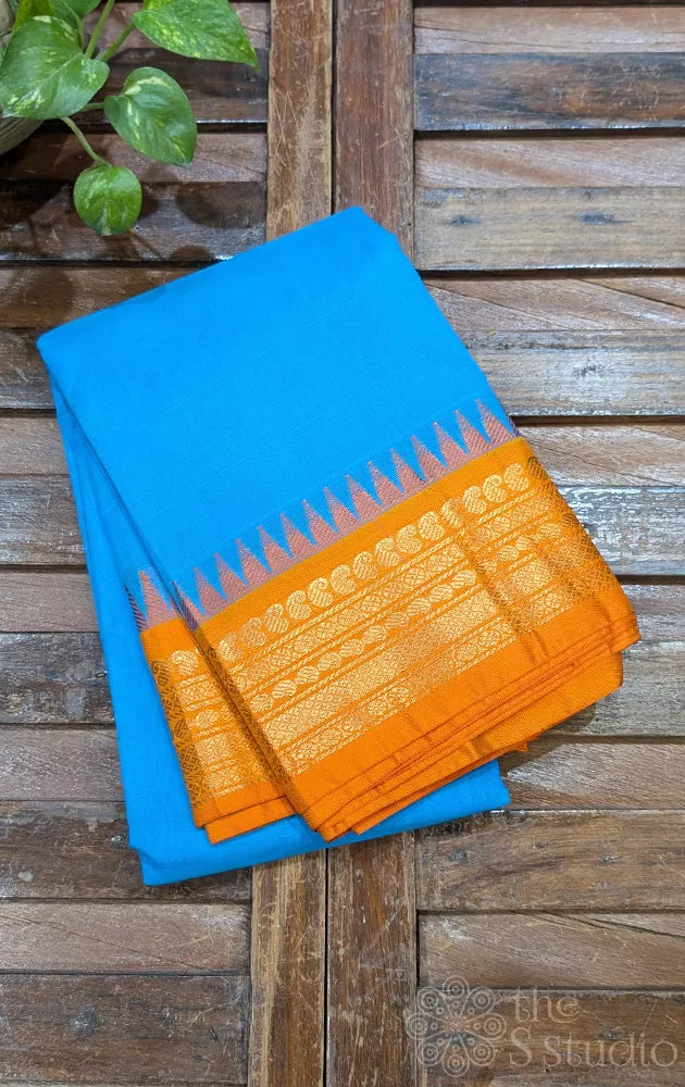 Anandha blue gadwal cotton saree with orange zari border