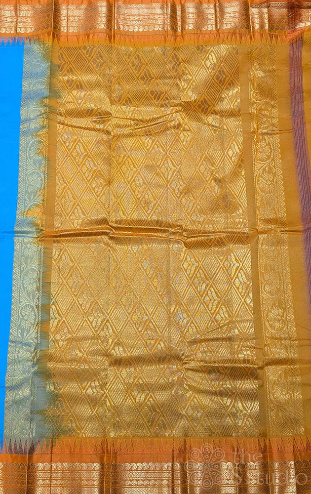 Anandha blue gadwal cotton saree with orange zari border